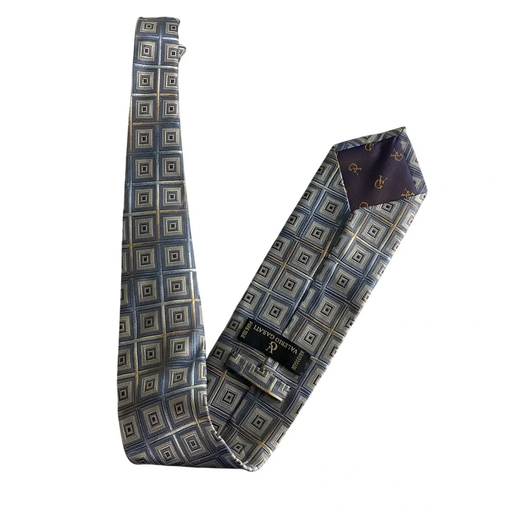 Valerio Garati Mens Silk Tie Blue Gold Geometric Square Pattern Handmade Italy